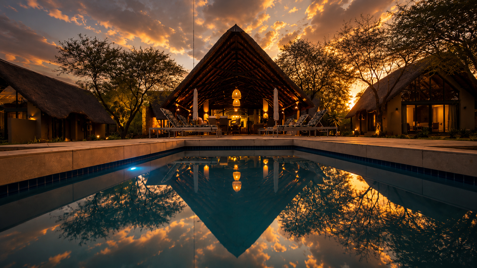 Phirima Lodge pool deck and main area at sunset with dramatic golden sky